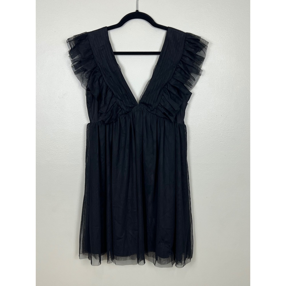 Lily White Black Tulle Mini Dress V-Neck Flutter Sleeve Babydoll M‎ Whimsigoth